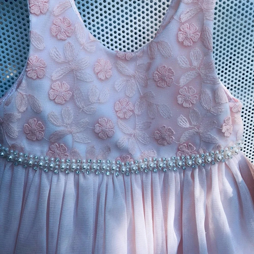 American Princess Light Pink Floral Pearl-Trim Tulle Dress